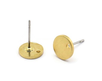 Orecchini rotondi in ottone, 12 orecchini a bottone rotondi in ottone grezzo con 1 foro (8 x 1 mm) E078 A1772