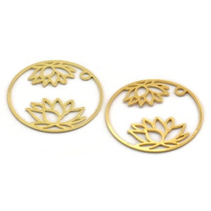 Gold Flower Charm, 6 Gold Plated Brass Lotus Flower Charms With 1 Hole, Findings (27x0.60mm) D1438