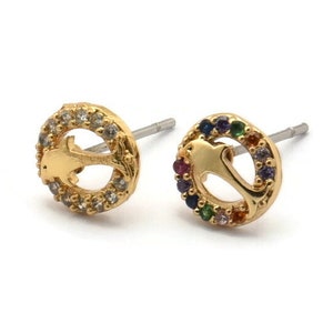 Gold Dolphin Earring, 4 Gold Plated Brass Round Shaped Dolphin Stud Earrings, CZ Pave, Zircon Dolphin Stud Earrings (8mm) SY0273