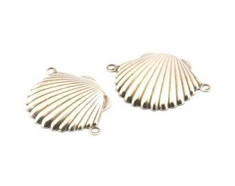 Silver Shell Charm, 12 Antique Silver Plated Brass Sea Shell Charm With 2 Loops, Pendants, Connectors, Findings (20x28mm) D1053