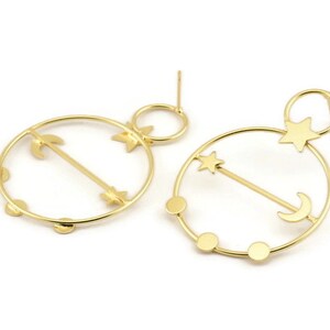 Gold Moon Earring, 2 Gold Plated Brass Moon And Star Stud Earrings (54x38x1.2mm) D1612