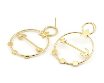 Gold Moon Earring, 2 Gold Plated Brass Moon And Star Stud Earrings (54x38x1.2mm) D1612