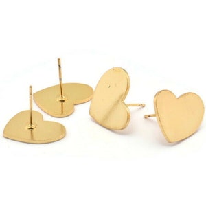 Gold Heart Earring, 4 Gold Plated Brass Heart Stud Earrings (16x14x1mm) M848 A2143