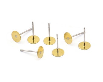 Stainless Steel Earring, 100 Stainless Steel Earring Posts With Raw Brass Flat Pad, Ear Studs (6mm) A0495