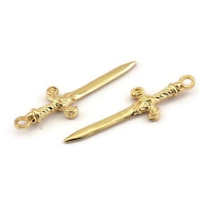 Knight's Sword Pendant, 3 Gold Plated Brass Sword Charms (36x10mm) N0248 Q0504