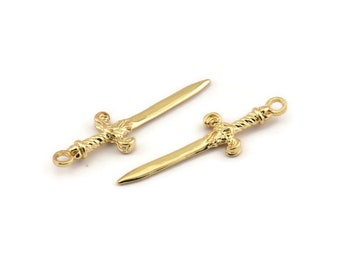 Knight's Sword Pendant, 3 Gold Plated Brass Sword Charms (36x10mm) N0248 Q0504