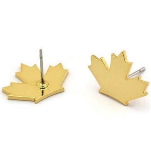 Gold Leaf Earring, 4 Gold Plated Brass Leaf Stud Earrings, Findings (13x17x1mm) A3723