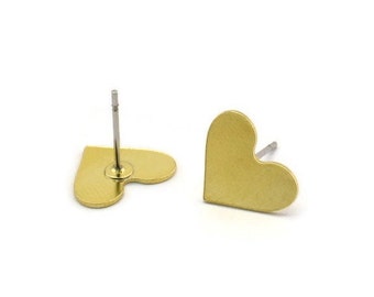 Brass Heart Earring, 8 Raw Brass Heart Stud Earrings (10x13x0.60mm) A4819 A6842