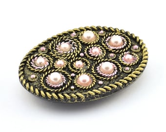 1 Vintage Handcraft Belt Buckle With Pink Plastic Pearls - Made in Germany 67x49mm YS02