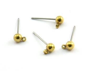 50 Earring Posts with Raw Brass Ball Pad with 4 mm Hole Hook BS 1799