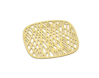 May include: A gold-coloured metal coaster with a geometric pattern cut out of the centre. The coaster is square-shaped with rounded corners.