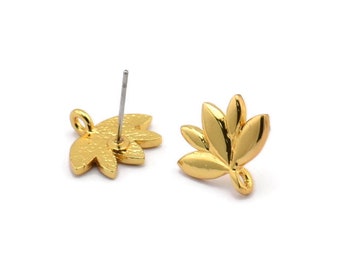 Earring Studs, 4 Gold Plated Brass - Gold Lotus Flower Earrings - Earring Findings (15x13mm) N1718