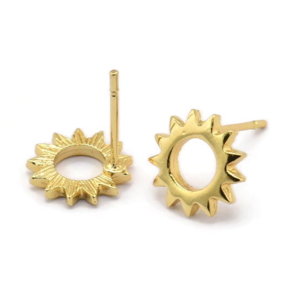 Gold Sun Earring, 8 Gold Plated Brass Sun Stud Earrings (10x1.2mm) N1216 Q1080