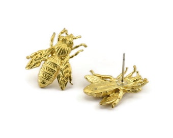 Brass Bee Earring, 2 Raw Brass Bee Stud Earrings (22x20mm) N0916