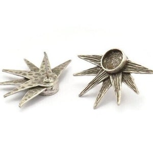 Silver Sun Earring, 2 Antique Silver Plated Brass Sunshine Stud Earrings - Pad Size 8mm N0700