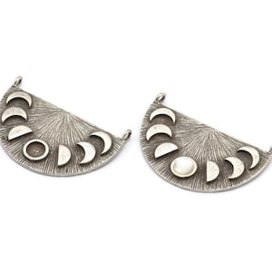 Moon Phases Pendant, Antique Silver Plated Brass Moon Phases Charms With 2 Loops, Findings - Pad Size 5mm (37x21x1mm) N1256