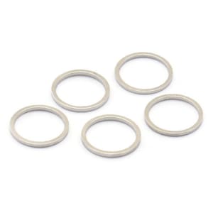 May include: Five silver metal rings, each with a smooth, circular shape. The rings are arranged in a semi-circle pattern on a white background.