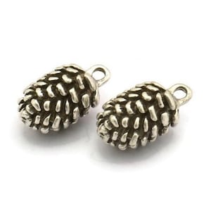 Silver Cone Charm, 2 Antique Silver Plated Brass Pine Cone Charms With 1 Loop (22x13mm) N0197