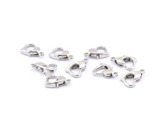 Silver Heart Clasp, 24 Silver Tone Brass Heart Lobster Clasps, Findings (10x7mm) A1023