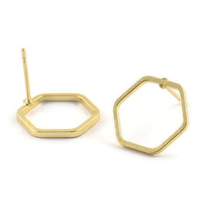 Gold Hexagon Earring, 6 Gold Plated Brass Hexagon Stud Earrings (14mm) BS 1222 A1123 Q1017