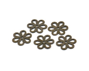 Brass Flower Charms, 50 Antique Brass Filigree Flower Connector Charms (12mm) K160