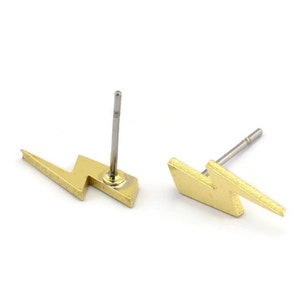 Brass Earring, 12 Raw Brass Lightning Bolt Stud Earrings (12x5x1mm) A3919