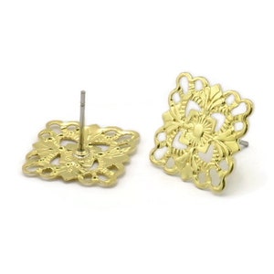 Brass Square Earring, 10 Raw Brass Square Stud Earrings (15mm) A0273 A2659
