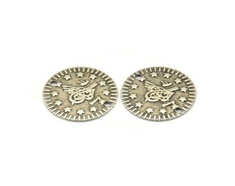 Silver Round Connector, 20 Antique Silver Plated Brass Round Ottoman Sultan's Signature Coin Connectors With 2 Holes, Charms (16mm) A0166