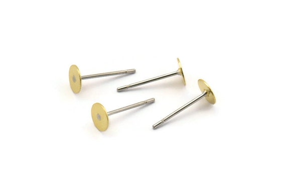 Stainless Steel Post, Pad, 100 Stainless Steel Earring Posts With Raw Brass 5mm Flat Pad, Ear Studs A0460