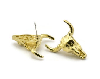 Ox Head Skull Earring, 2 Raw Brass Ox Head Skull Stud Earrings (25x26mm) N0150 A1196