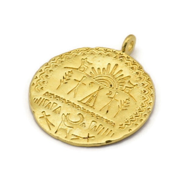 Brass Coin Pendant, 2 Raw Brass, Greek Coin, Egypt Coin, Charm Pendants With 1 Loop, Egypt Charms, Egyptian Symbols (34x29x1mm) N1873