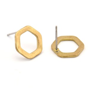 Brass Hexagon Earring, 12 Raw Brass Hexagon Stud Earrings (14x2x1mm) D0082 A1151