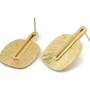 Gold Earring Post, 2 Posts Gold Plated Brass Textured Earrings (32x21x1mm) N1163