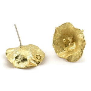 Brass Flower Earring, 4 Raw Brass Flower Stud Earrings With 1 Loop (18mm) N1223