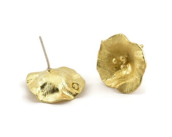 Brass Flower Earring, 4 Raw Brass Flower Stud Earrings With 1 Loop (18mm) N1223