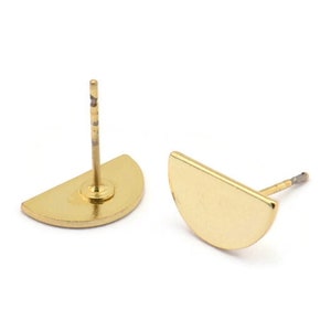 Gold Semi Circle Earring, 6 Gold Plated Brass Half Moon Stud Earrings (12x6.5x0.8mm) E105 A1267