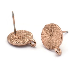Rose Gold Earring Posts, 4 Rose Gold Plated Brass Round Earring Stud, Earring Charms With 1 Loop (10mm) N0793 Q0820