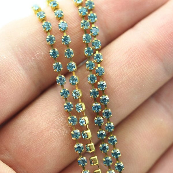 Blue Rhinestone Chain, 1 M (2.5mm) Aquamarine Rhinestone Chain With Brass Frame Ss-8 Z137