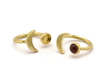 Brass Ring Settings, 10 Raw Brass Moon And Planet Ring With 1 Stone Setting - Pad Size 6.2mm BS 1964