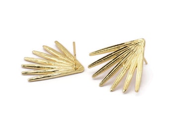 Gold Broom Earring, 2 Gold Plated Brass Broom Stud Earring (27x30x1.5mm) N1027