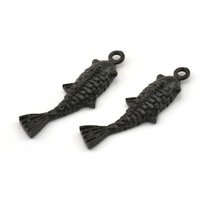 Black Koi Fish Charm, 4 Oxidized Black Brass Koi Fish Pendants, Jewelry Supplies, Findings (27x8mm) N0422