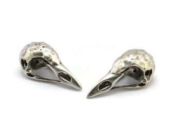 Bird Skull Charm, 2 Antique Silver Plated Brass Bird Skull