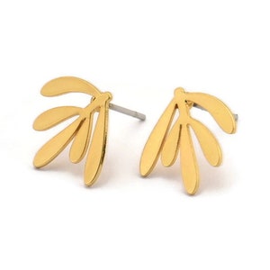 Gold Leaf Earring, 8 Gold Plated Brass Leaf Stud Earrings (12x13x0.60mm) A3025