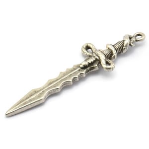 Silver Sword Charm, 2 Antique Silver Plated Brass Sword Charms With 1 Loop, Snake Sword (49x14mm) N1694