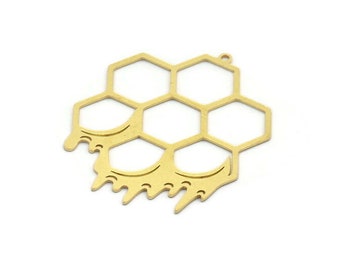 Brass Honeycomb Charm, 2 Raw Brass Hexagon Charms With 1 Loop, Findings (42x35x0.60mm) A6479