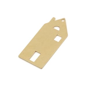May include: A gold-colored metal house charm with cut-out windows and a chimney. The charm has a rectangular body with a peaked roof and a small hole at the top for hanging. This charm is suitable for jewelry making and crafting.
