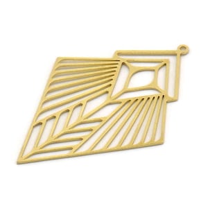 May include: Gold-toned metal pendant with a geometric design. The pendant features a diamond shape with a smaller diamond shape cut out in the centre. The pendant has a hole at the top for hanging.