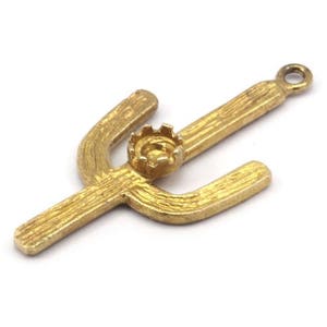 Cactus with Glass Setting, Raw Brass Cactus Charms with 4mm Stone Setting, Jewelry Supplies, Findings (37x18mm) N0228
