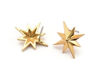 Brass Pole Star Earring, 4 Raw Brass Pole Star Stud Earrings (18x14mm) SY0266