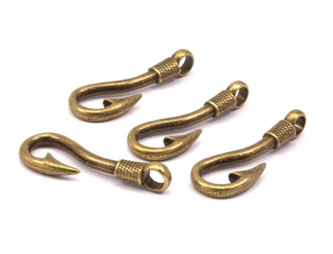 Bronze Fish Hook, 12 Bronze Tone Fish Hook Charms Bracelet Parts